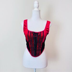 Red & Black Velvet Lace Up Panel Corset Adjustable Tank Crop Top